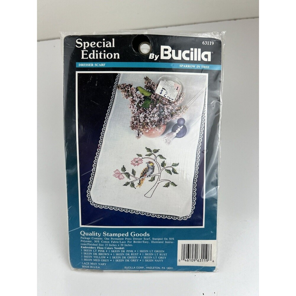 New Sealed Special Edition by Bucilla Kit 63119 Dresser Scarf Sparrow in Tree